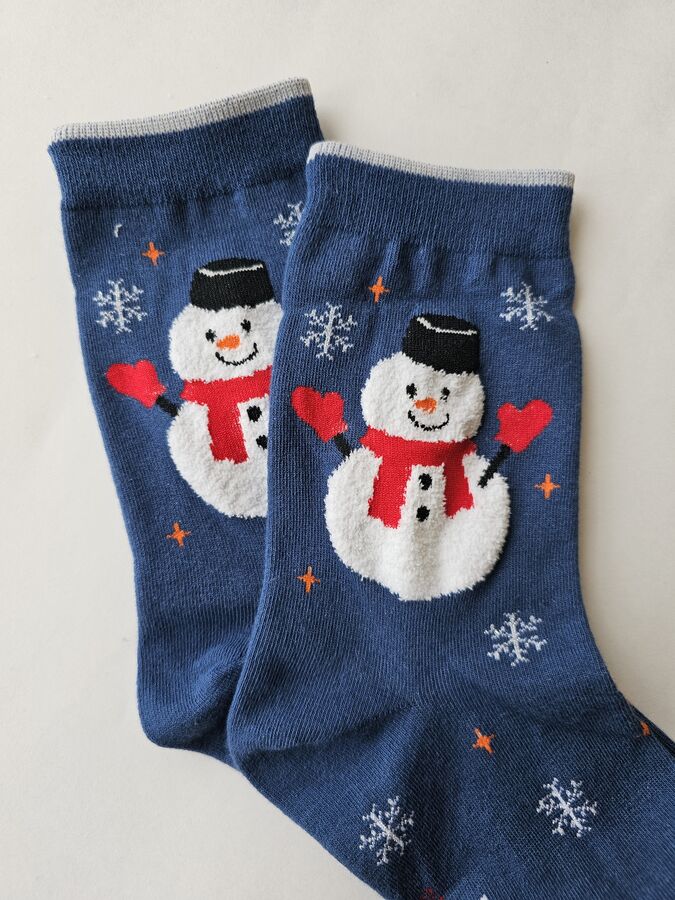 ARIES Женские носки новогодние, снеговик, СИНИЕ, высокие. Ю. Корея.