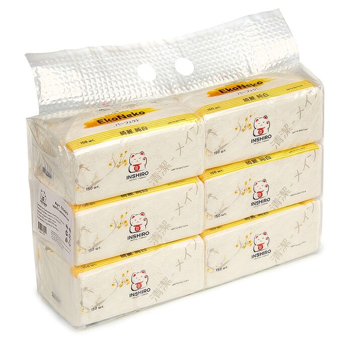 INSHIRO Салфетки в мягкой упаковке EkoNeko, 2 слоя, 150листов, спайка 6шт.