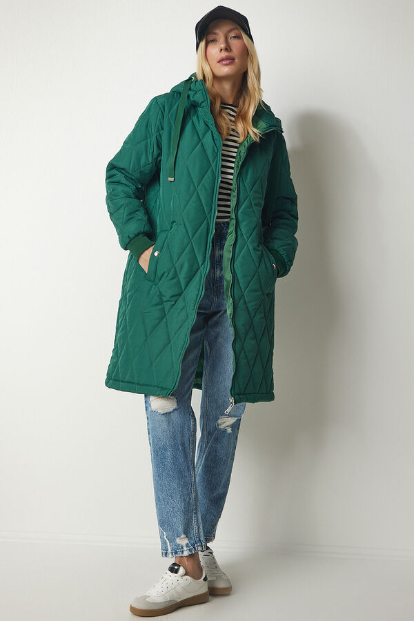 happinessistanbul Женское зеленое стеганое пальто с капюшоном DD00996