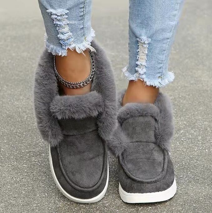 Женские утепленные короткие ботинки с меховой опушкой, серый