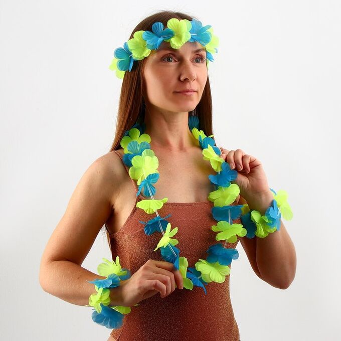 Страна карнавалия Гавайский набор &quot;Цветочки&quot;, ( ожерелье, венок 2 браслета), цвет зеленый