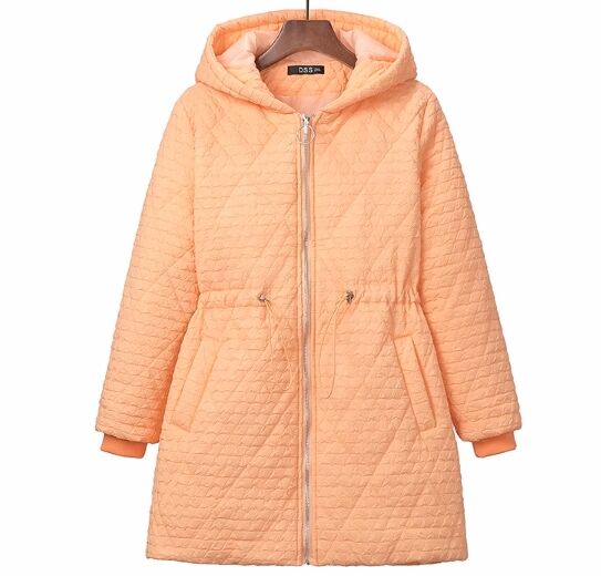 Пальто демисезонное с капюшоном, стеганое, пояс на кулиске, наполнитель хлопок, светло-оранжевый