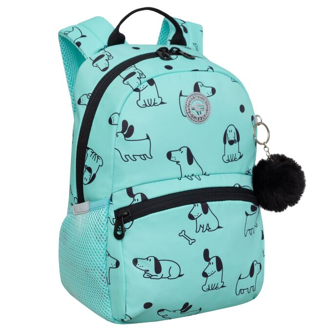 Рюкзак внешкольный GRIZZLY легкий с карманом для ноутбука 13&quot;, одним отделением, для девочки на занятия, мятный, собаки собачки на мятном