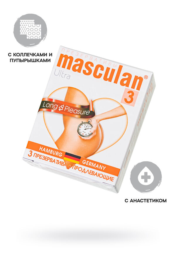 Long pleasure. Презервативы Masculan, Ultra 3, продлевающие, 19 см, 5,3 см, 3 шт..