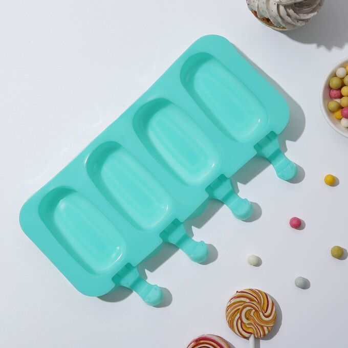 Доляна Форма силиконовая для мороженого «Эскимо классика», 25,8×14,6×2,6 см, 4 ячейки, цвет МИКС
