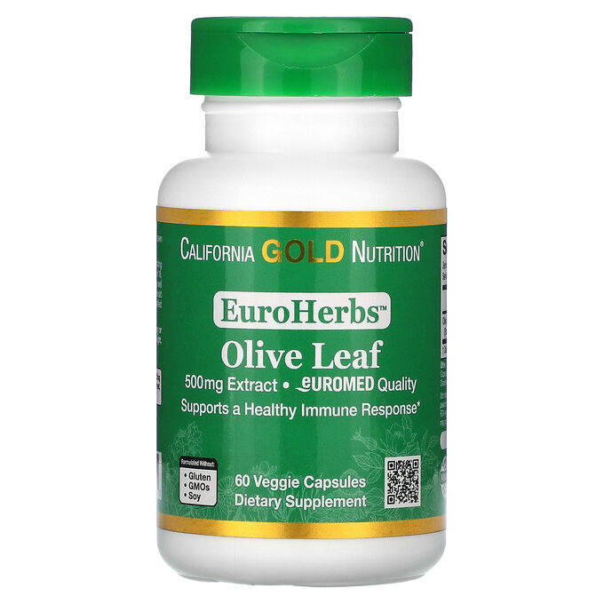 California Gold Nutrition, EuroHerbs, экстракт листьев оливкового дерева, качество Euromed, 500 мг, 60 растительных капсул