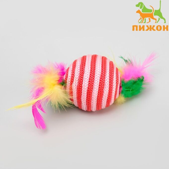 Пижон Шар-погремушка с перьями двухцветный, 4,5 см, красный/розовый