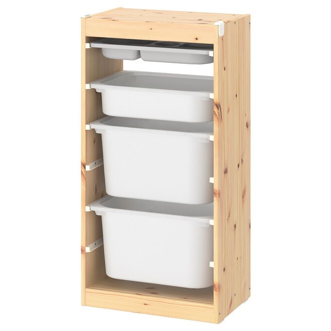 IKEA TROFAST, комбинация для хранения с коробками лотком, светло-белая мореная сосна белого серого цвета, 46x30x91 см