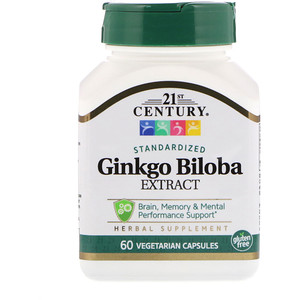 21st Century, экстракт гинкго билоба, стандартизованный, 60 вегетарианских капсул