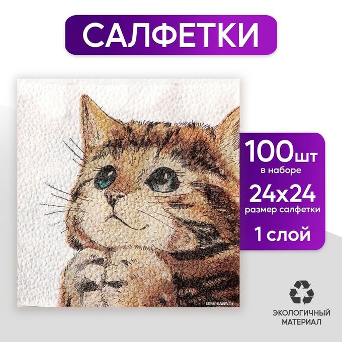 Страна карнавалия Салфетки бумажные однослойные «Котёнок», набор 100 штук, 24 x 24 см