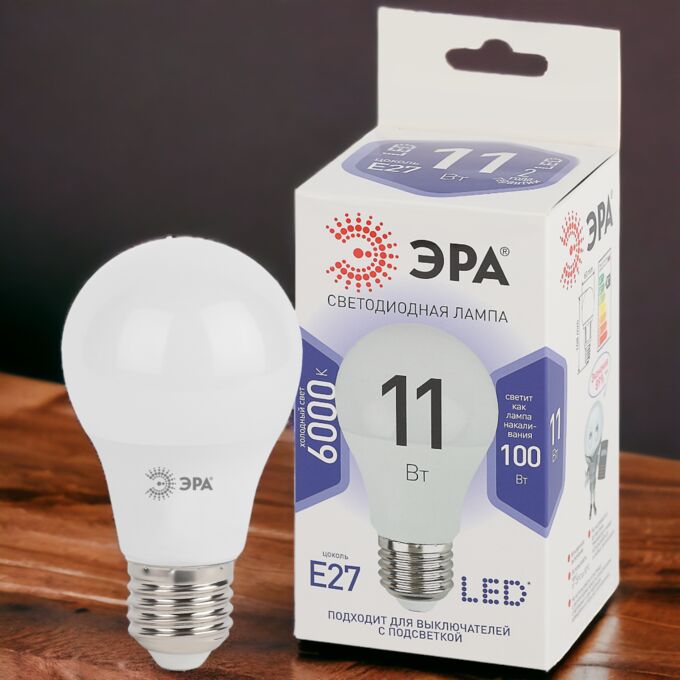 ЭРА Лампочка светодиодная STD LED A60-11W-860-E27 E27 Е27 11 Вт груша холодный дневной свет