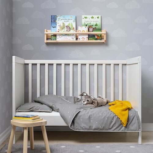 IKEA LENAST, Пододеяльник, 1 наволочка для детской кроватки, узор в горошек, 110x125/35x55 см