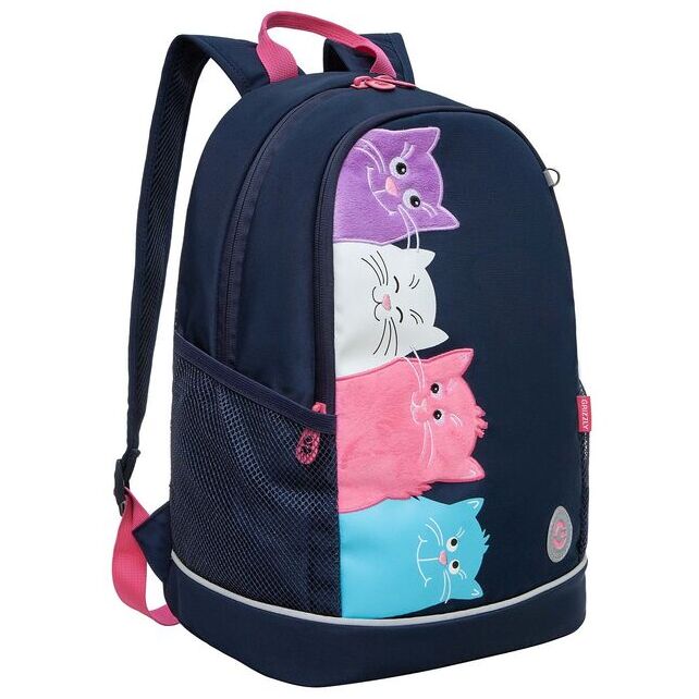 Рюкзак школьный GRIZZLY с карманом для ноутбука 13&quot;, жесткой спинкой, двумя отделениями, для девочки синий кошки