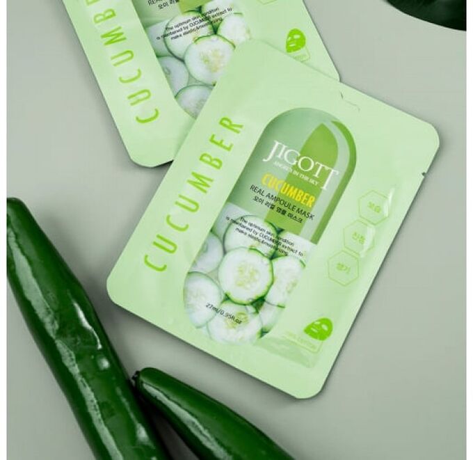 Jigott/ Cucumber Real Ampoule Mask Ампульная тканевая маска с экстрактом огурца 27 мл 1/600