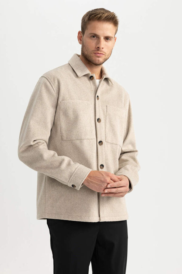 DEFACTO Шерстяная куртка-рубашка с длинными рукавами и воротником-поло Relax Fit