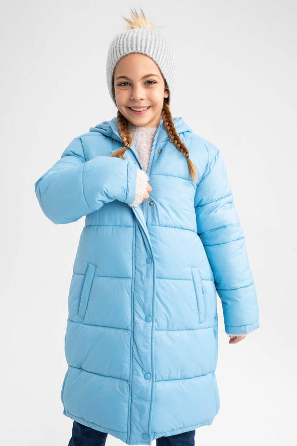 DEFACTO Длинное пальто с капюшоном на флисовой подкладке для девочек