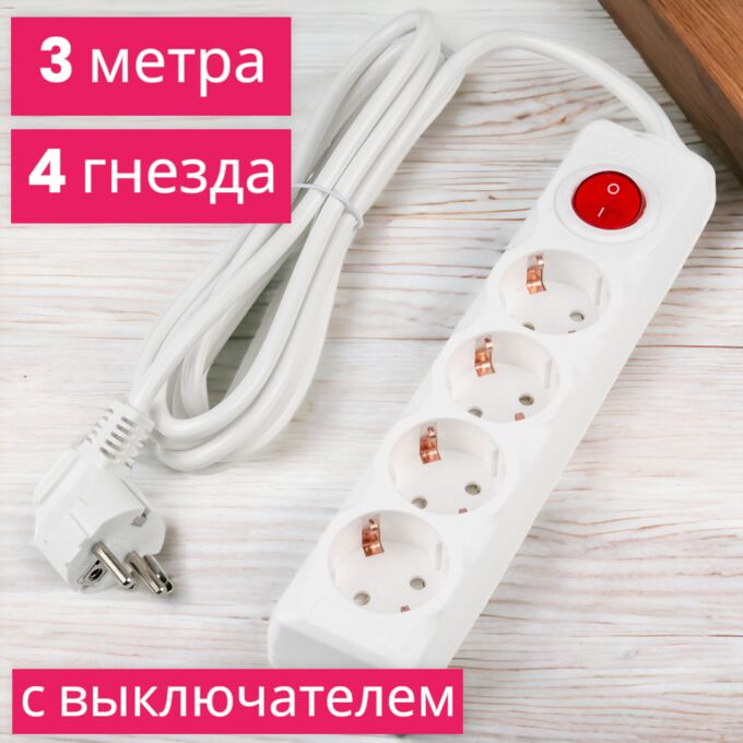 UNIEL Удлинитель для электроприборов, бытовой, шнур 3 м., 4 гнезда, 16 A, с заземлением, серии Ultra, цвет белый, S-GCU4-3B WHITE