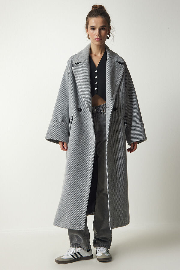 happinessistanbul Женское серое длинное шерстяное пальто премиум-класса с двубортным воротником и рисунком fn03095