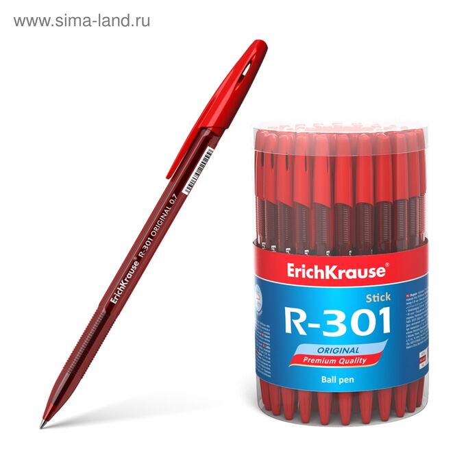 LANCER Ручка шариковая ErichKrause R-301 Original Stick, узел 0.7 мм, европодвес, чернила красные