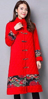 Стеганое пальто с воротником-стойка в азиатском стиле Цвет: КРАСНЫЙ