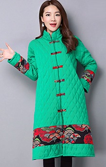 Стеганое пальто с воротником-стойка в азиатском стиле Цвет: ЗЕЛЕНЫЙ