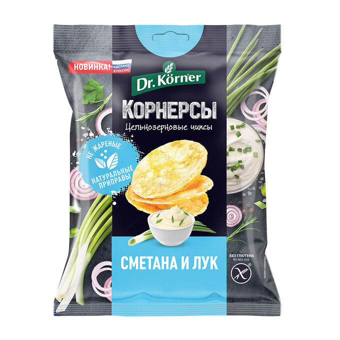 Dr. Korner Чипсы цельнозерновые кукурузно-рисовые со сметаной и луком
