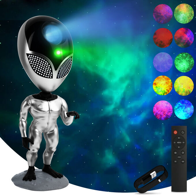 Akuma Проектор звездного неба Alien Star Sky Projector Пришелец, ночник детский для сна, настольный светильник, светодиодный, лазерный режим, несколько проекций, пульт управления, повторение голоса