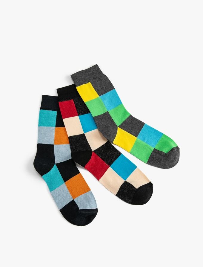 KOTON Комплект мужских носков в клетку из трех предметов, разноцветный