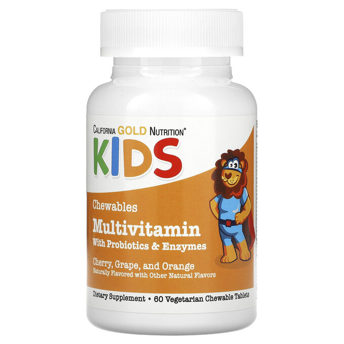 iherb California Gold Nutrition, жевательные мультивитамины с пробиотиками и ферментами для детей, фруктовое ассорти, 60 вегетарианских таблеток