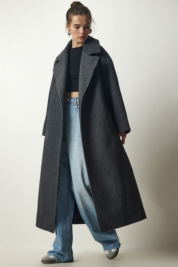happinessistanbul Женское длинное шерстяное пальто премиум-класса антрацитового цвета с двубортным воротником FN03159
