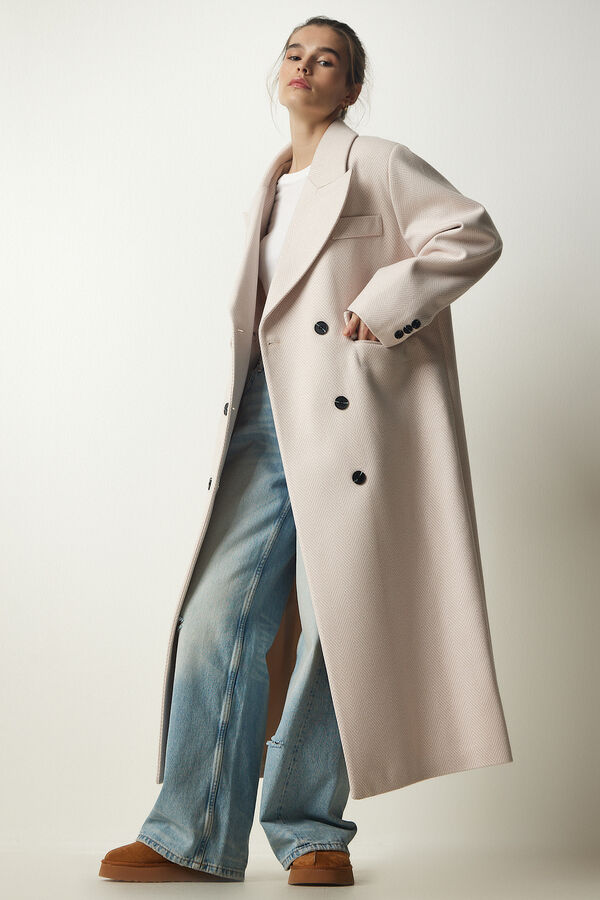 happinessistanbul Женское кремовое шерстяное пальто премиум-класса с двубортным воротником и длинной строчкой FN03160