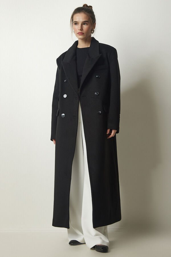 happinessistanbul Женское черное шерстяное длинное пальто премиум-класса с вышивкой и двубортным воротником FN03152