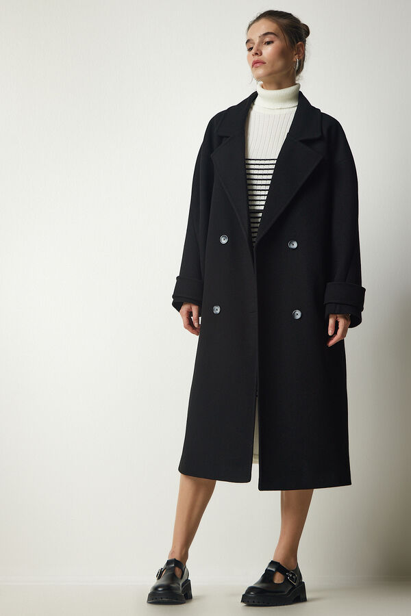 happinessistanbul Женское черное кашемировое пальто большого размера с двубортным воротником и поясом TO00115
