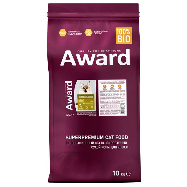 Сухой корм AWARD Hairball &amp; Indoor для взрослых кошек для выведения шерсти с уткой и индейкой с добавлением зеленой чечевицы и Юкки Шидигера 10кг