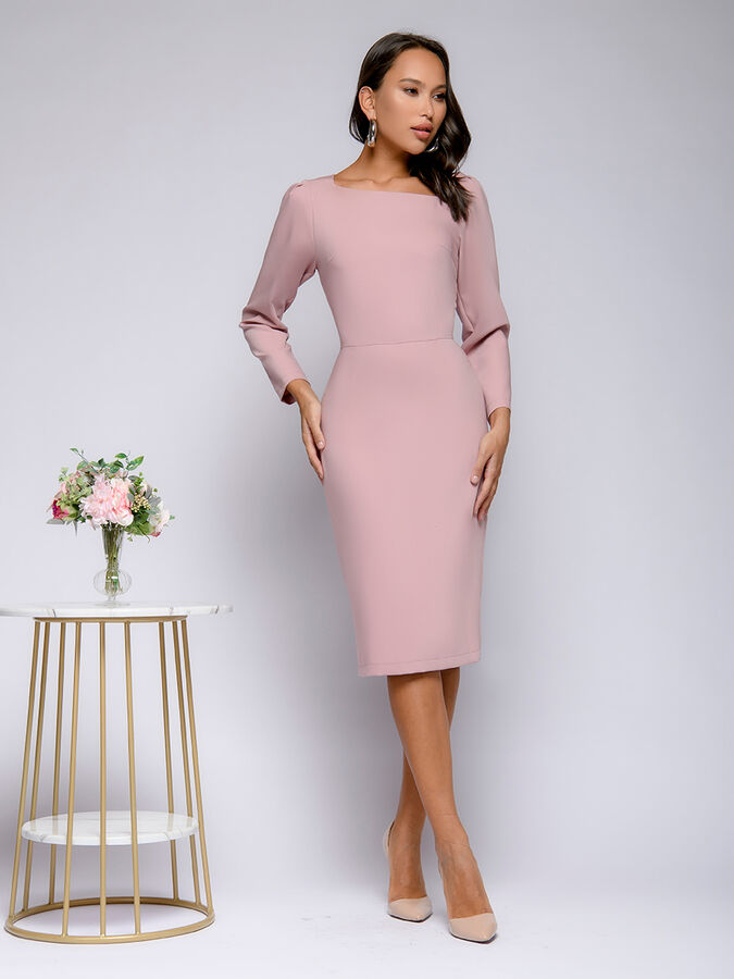 1001 Dress Платье розовое длины миди с асимметричным воротом и длинными рукавами