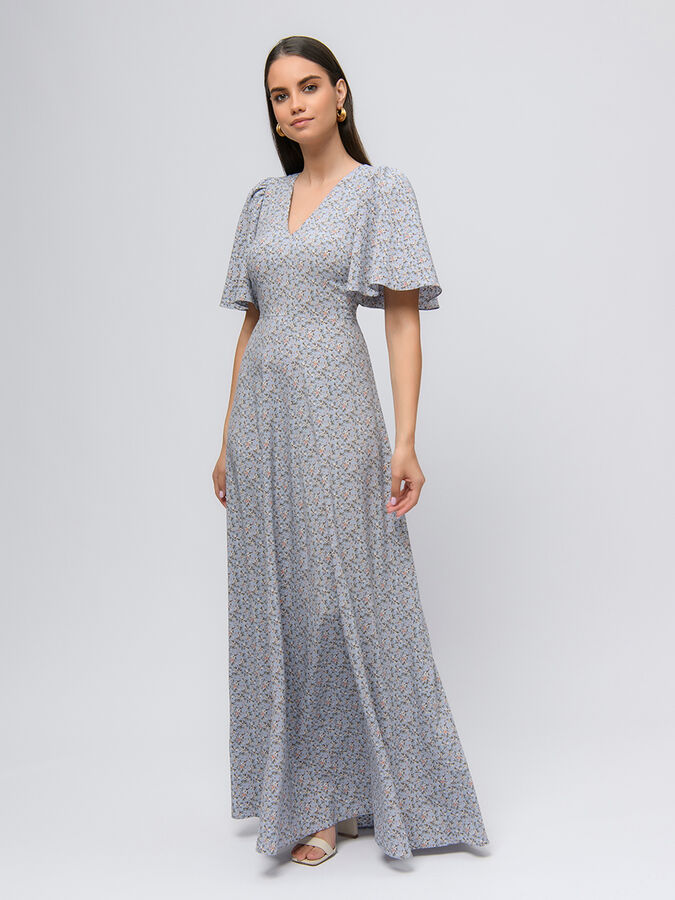 1001 Dress Платье голубого цвета с принтом длины макси с глубоким вырезом