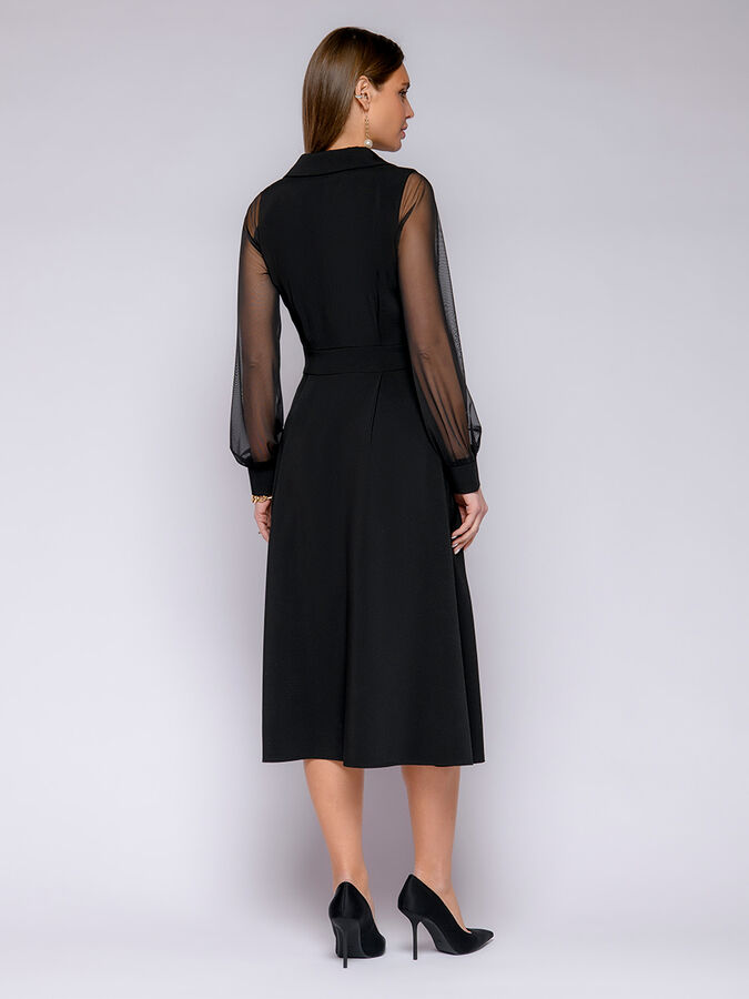 1001 Dress Платье черное длины миди с декоративным поясом и фатиновыми рукавами