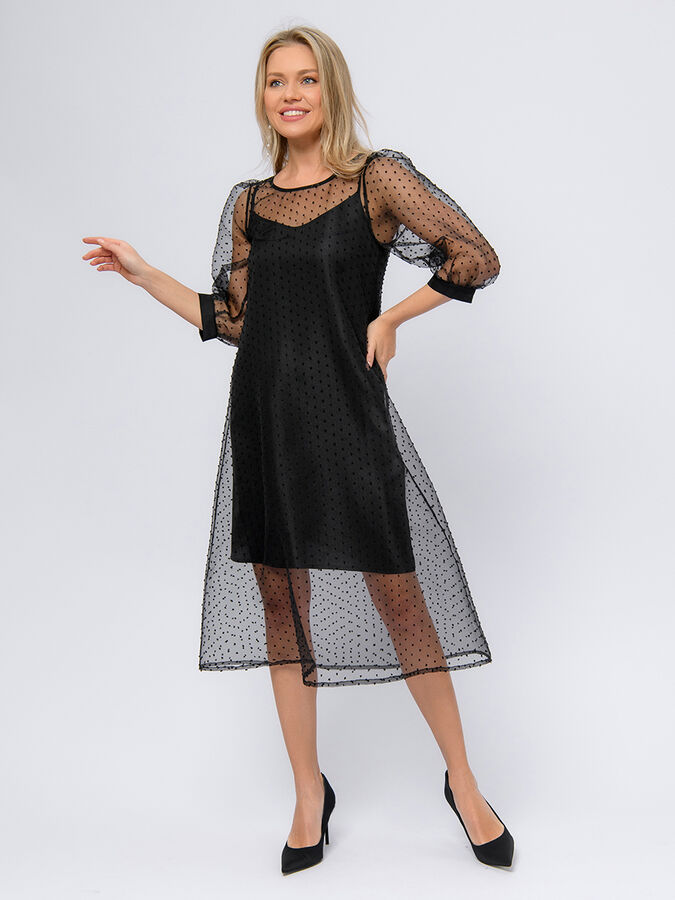 1001 Dress Платье черное двухслойное длины миди с фатиновым верхом