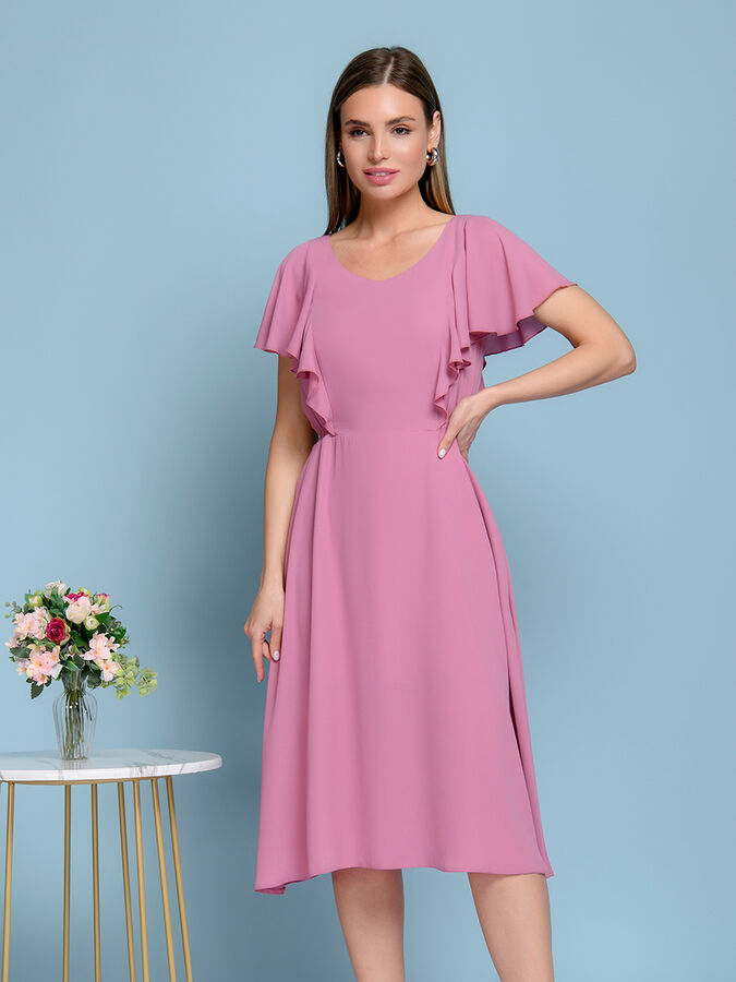1001 Dress Платье розовое длины миди с V-образным вырезом и воланами на плечах