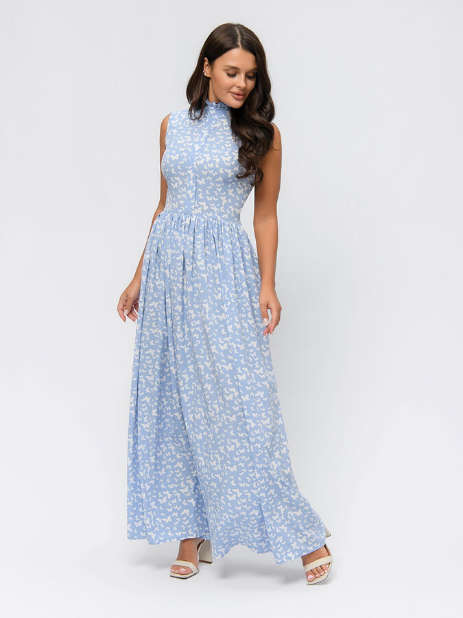 1001 Dress Платье голубого цвета с принтом длины макси без рукавов