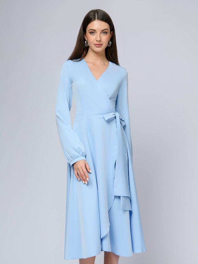 1001 Dress Платье светло-голубое длины миди с запахом и длинными рукавами