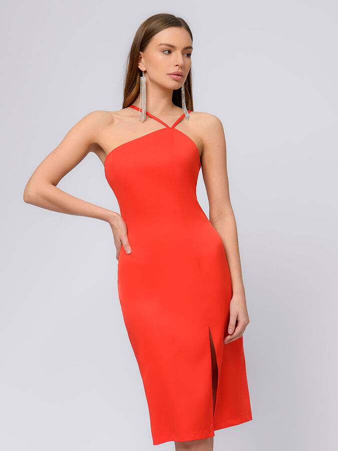 1001 Dress Платье красное длины миди на бретелях с разрезом на юбке