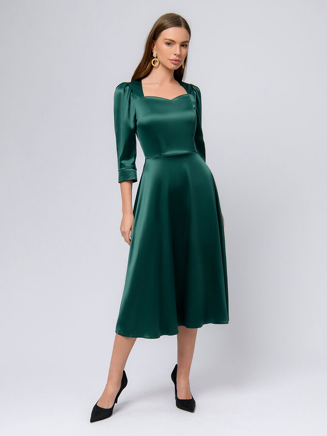 1001 Dress Платье изумрудного цвета длины миди с объемными рукавами и вырезом каре