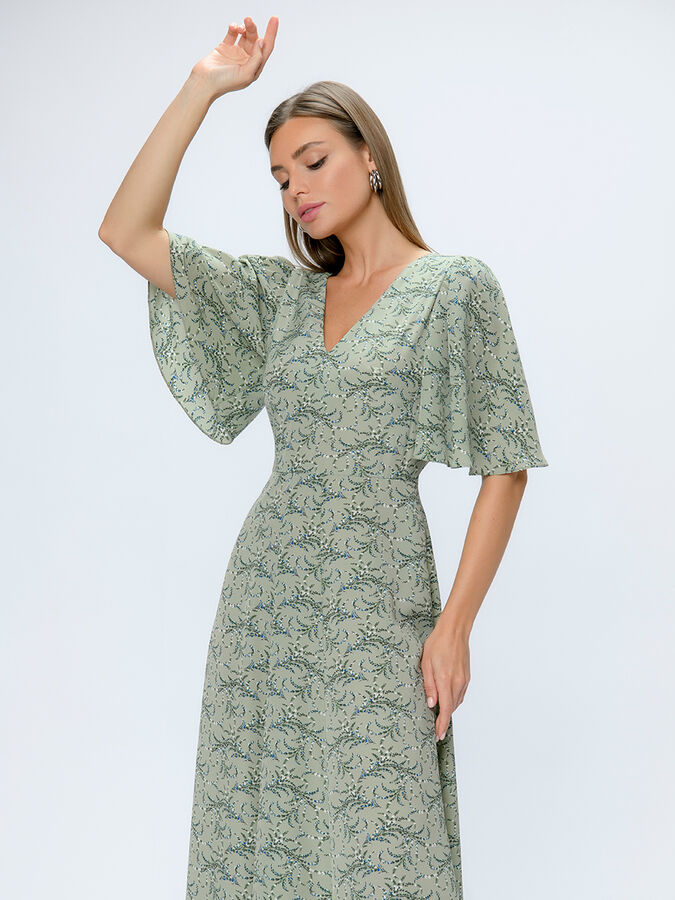 1001 Dress Платье оливкового цвета с принтом длины макси с глубоким вырезом