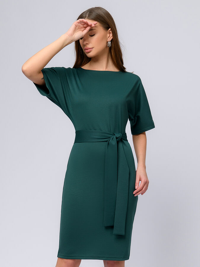 1001 Dress Платье зеленое длины мини с поясом и рукавом &quot;летучая мышь&quot;