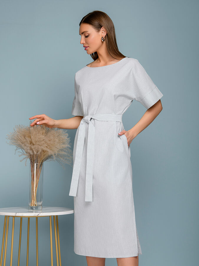 1001 Dress Платье длины миди белое в зеленую полоску с короткими рукавами