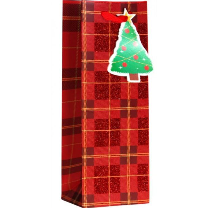 Пакет подарочный для вина, Новогодний в клетку, Дизайн №4, Красный, с блестками, 34,5*12,5*10 см, 1