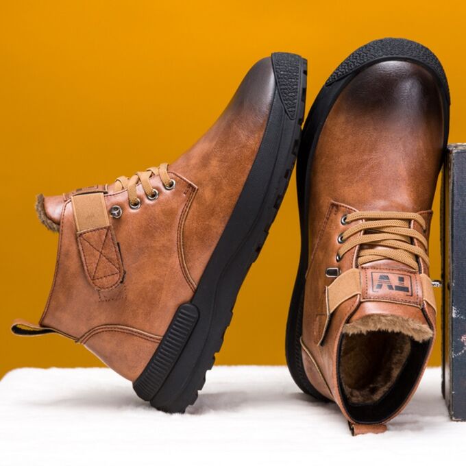 Мужские зимние ботинки на липучке, коричневый