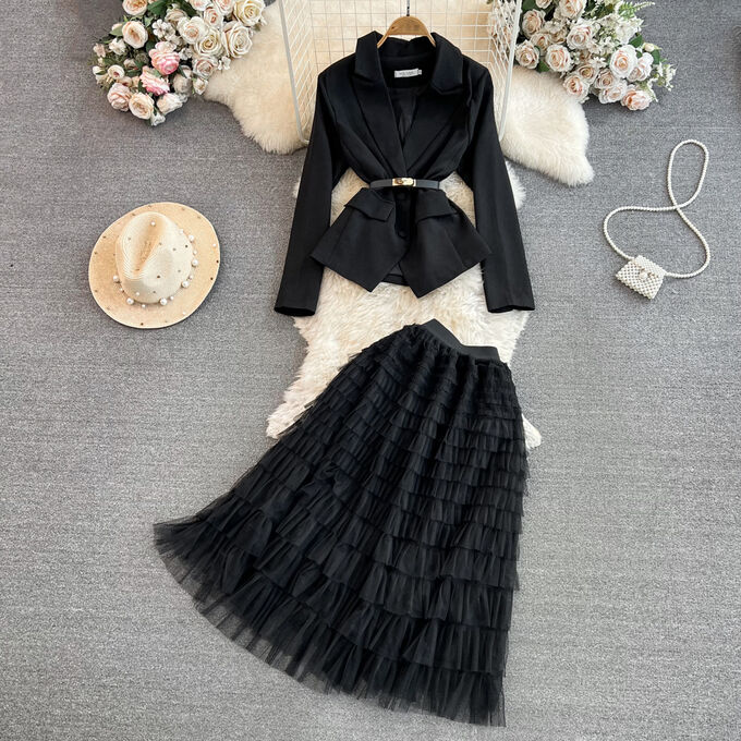 Женский костюм двойка (пиджак + юбка, цвет черный)