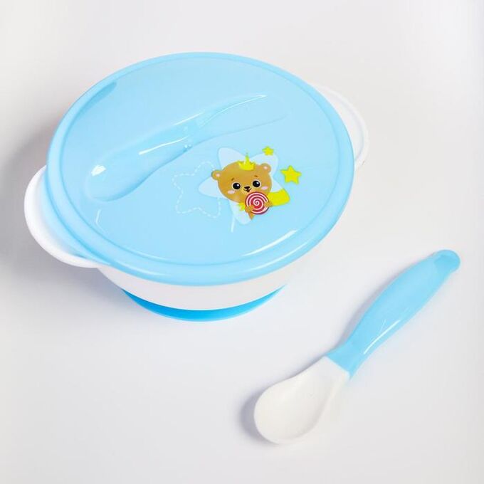 Mum&Baby Набор детской посуды «Счастливый малыш», 3 предмета: тарелка на присоске, крышка, ложка, цвет голубой